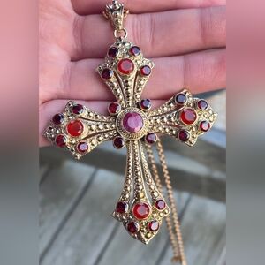 Nicky Butler Designer Bronze Cross Carnelian Mozambique Garnet Pendant Necklace